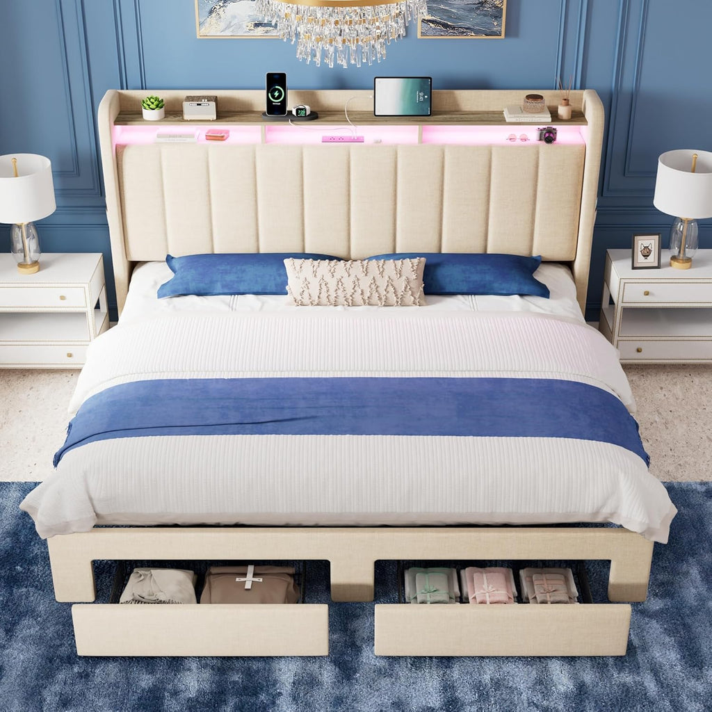 Allewie King Size Bed Frame with 2-Tier LED Storage Headboard, Upholstered King Platform Bed Frame with 2 Storage Drawers, USB & Type-C Charging Ports, Noise-Free/No Box Spring Needed, Beige