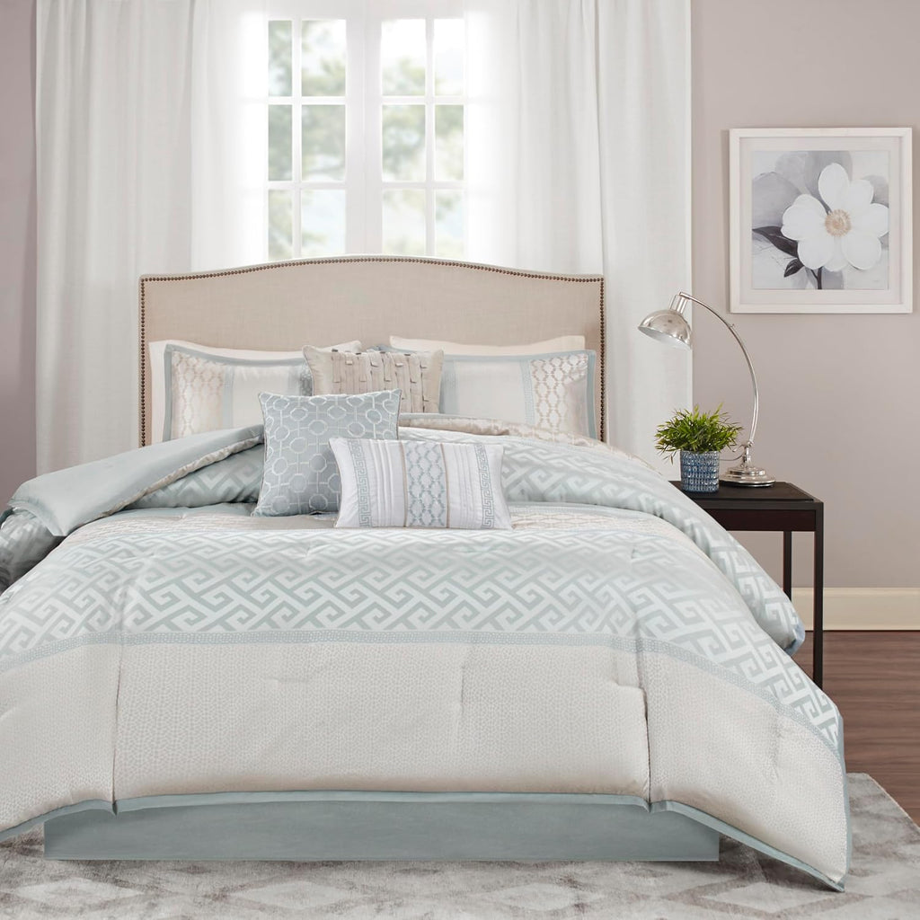 Madison Park Luxury Comforter Set-Traditional Jacquard Design All Season Down Alternative Bedding, Matching Bedskirt, Decorative Pillows, Cal King(104'x92'), Bennett, Geometric Aqua, 7 Piece