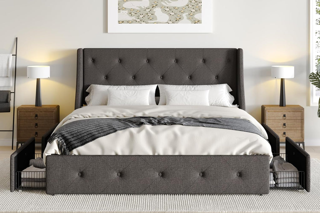 SHA CERLIN Upholstered Full Size Platform Bed Frame with 4 Storage Drawers and Wingback Headboard, Diamond Stitched Button Tufted Design, No Box Spring Needed, Dark Grey