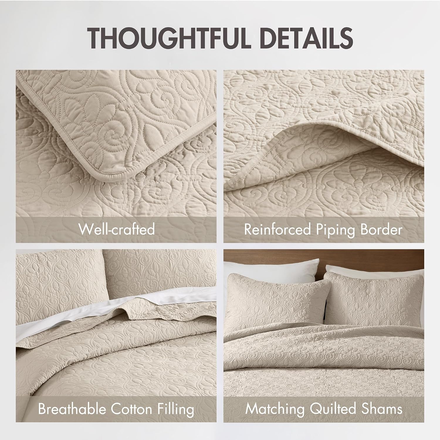 Madison Park Quebec King Size Quilt Bedding Set - Cream , Damask – 3 Piece Bedding Quilt Coverlets – Ultra Soft Microfiber Bed Quilts Quilted Coverlet