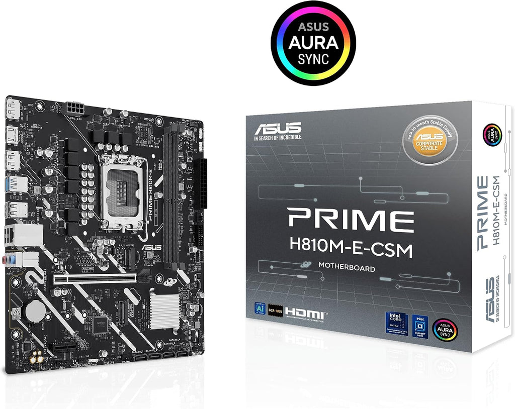ASUS Prime H810M-E-CSM Intel® H810 mATX Commercial CSM Motherboard, LGA 1851, DDR5, PCIe 4.0, M.2, 1G LAN, HDMI, USB 3.2, AI PC-Ready, ASUS Control Center Express Support for SMB & IT Deployments