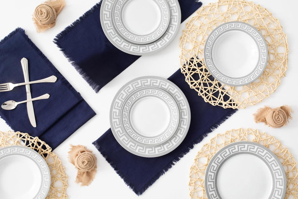 Dinnerware Set for 8-57 Pieces White and Silver Greek Key Design - Vintage Porcelain Plates, Bowls, Cups and Saucers - For Everyday Use and Special Occasions (Meander Silver 2057)