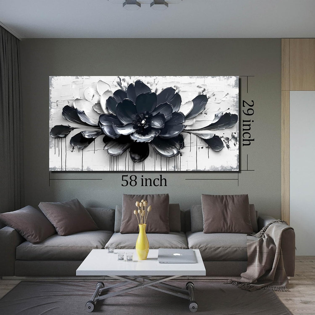 GUGIKA Flower Wall Art for Bedroom, Blue Black and White Canvas Wall-Decor for Lving Room, Floral Picture Print Artwork for Office, Large Size 59 x 29 Inches