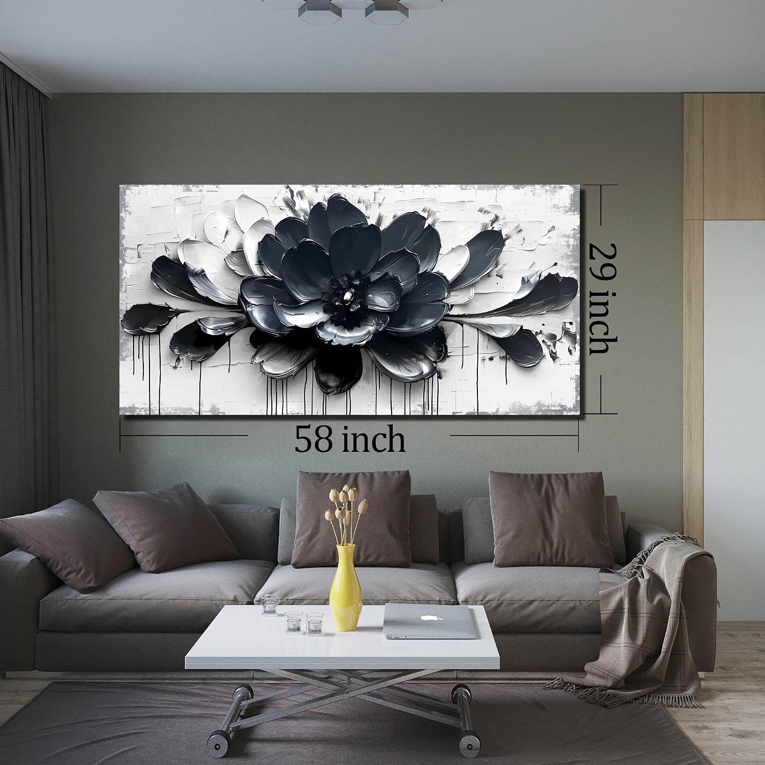 GUGIKA Flower Wall Art for Bedroom, Blue Black and White Canvas Wall-Decor for Lving Room, Floral Picture Print Artwork for Office, Large Size 59 x 29 Inches