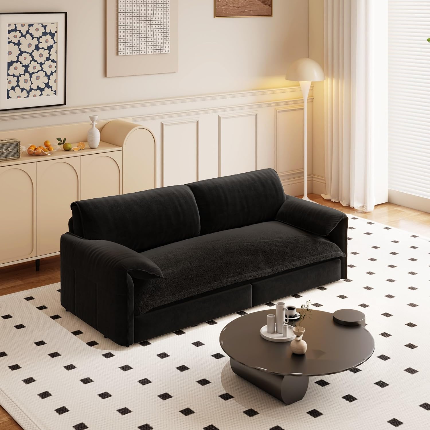 WILLIAMSPACE 66' Queen Pull Out Sofa Bed, 3-in-1 Velvet Convertible Sleeper Sofa Couch with Side Storage, Multi-Functional Loveseat Bed Pull Out Couch for Living Room, Apartment (Black)