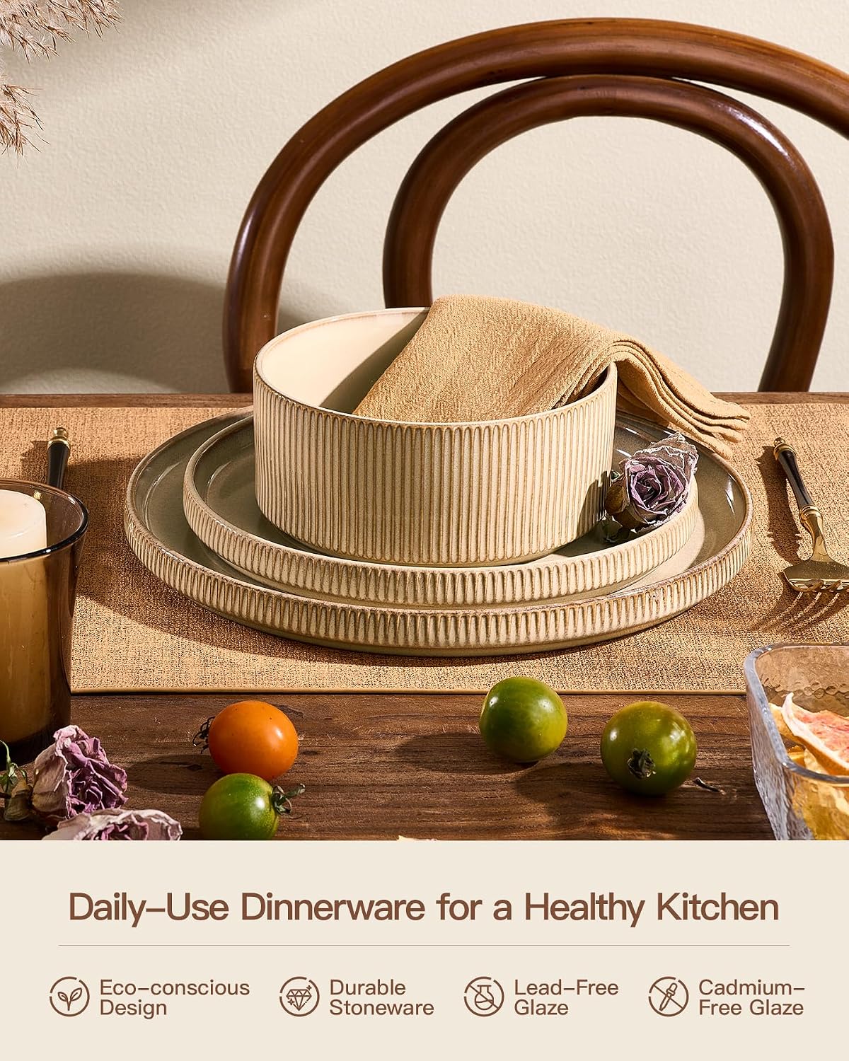 24-Piece Dinnerware Set Service for 8, Famiware Premium Stoneware Dish Set with Ribbed Plates and Deep Bowls, Double Reactive Glaze, Chip & Scratch Resistant, Microwave & Dishwasher Safe, Cream