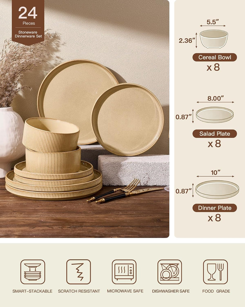 24-Piece Dinnerware Set Service for 8, Famiware Premium Stoneware Dish Set with Ribbed Plates and Deep Bowls, Double Reactive Glaze, Chip & Scratch Resistant, Microwave & Dishwasher Safe, Cream