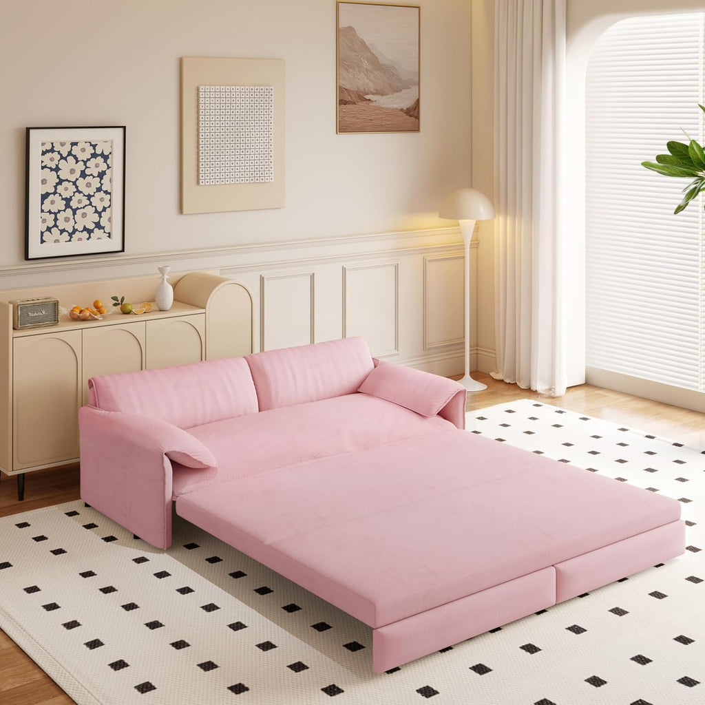 WILLIAMSPACE 66' Queen Pull Out Sofa Bed, 3-in-1 Velvet Convertible Sleeper Sofa Couch with Side Storage, Multi-Functional Loveseat Bed Pull Out Couch for Living Room, Apartment (Pink)