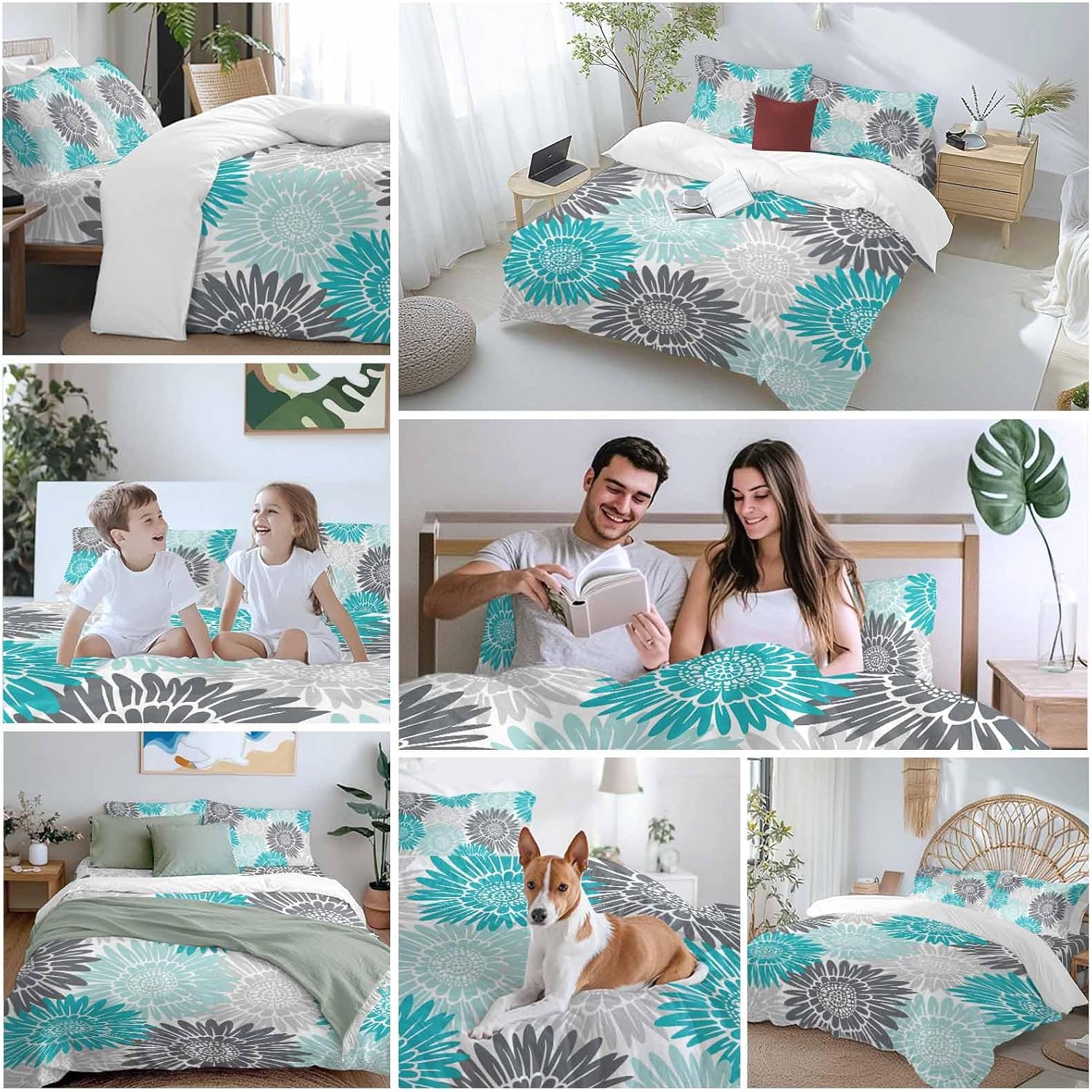 Turquoise Gray Sunflowers Duvet Cover Set Queen Size 4 Pieces Abstract Blooming Floral Rustic Bedding Set with Zipper Closure, 1 Comforter Cover 86x86 Inches 1 Flat Sheet & 2 Pillow Cases
