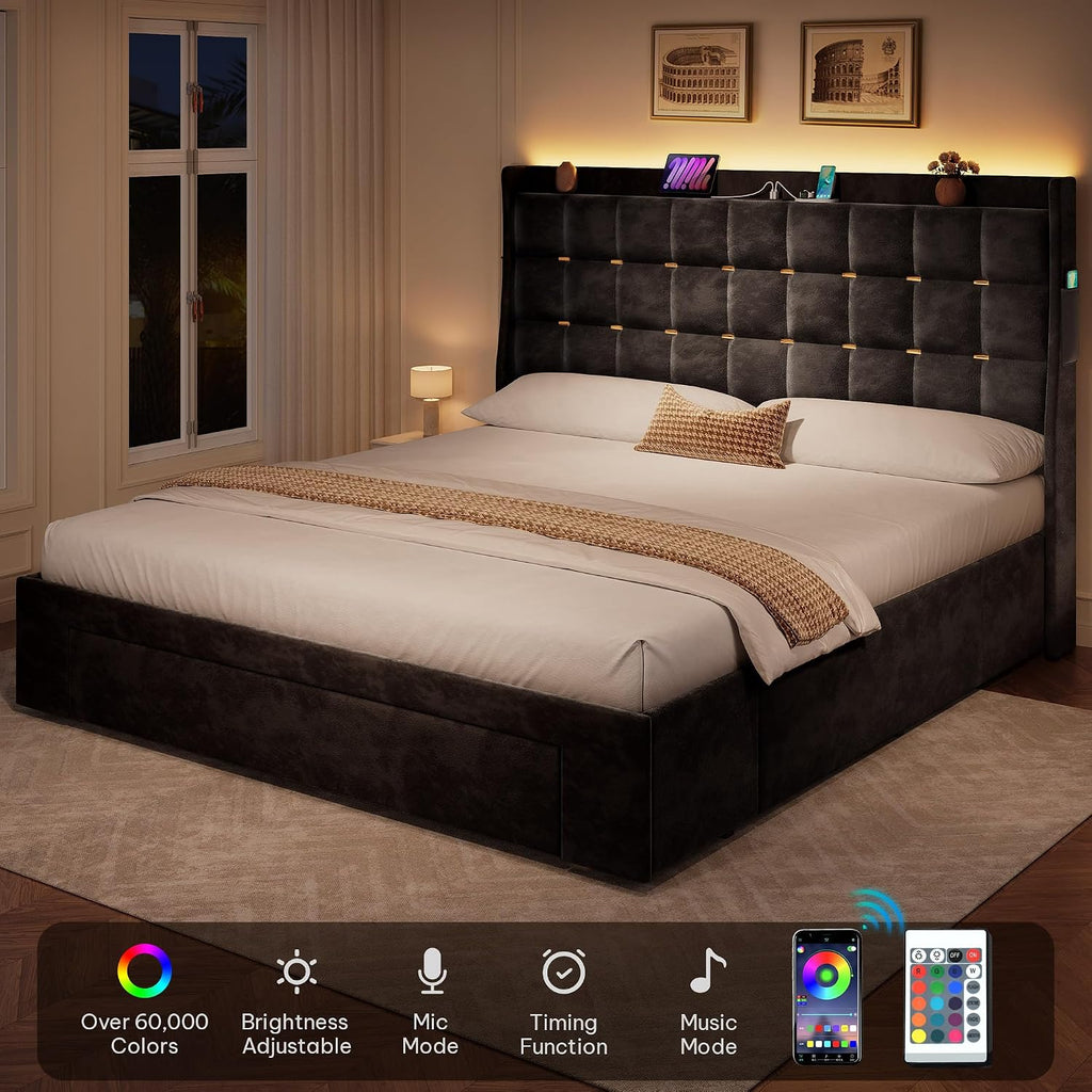 DWVO Queen Size Bed Frame with 3 Storage Drawers and RGB LED Lights, Velvet Upholstered Bed with Charging Station and Storage Headboard, No Box Spring Needed, Easy Assembly, Noise-Free, Black