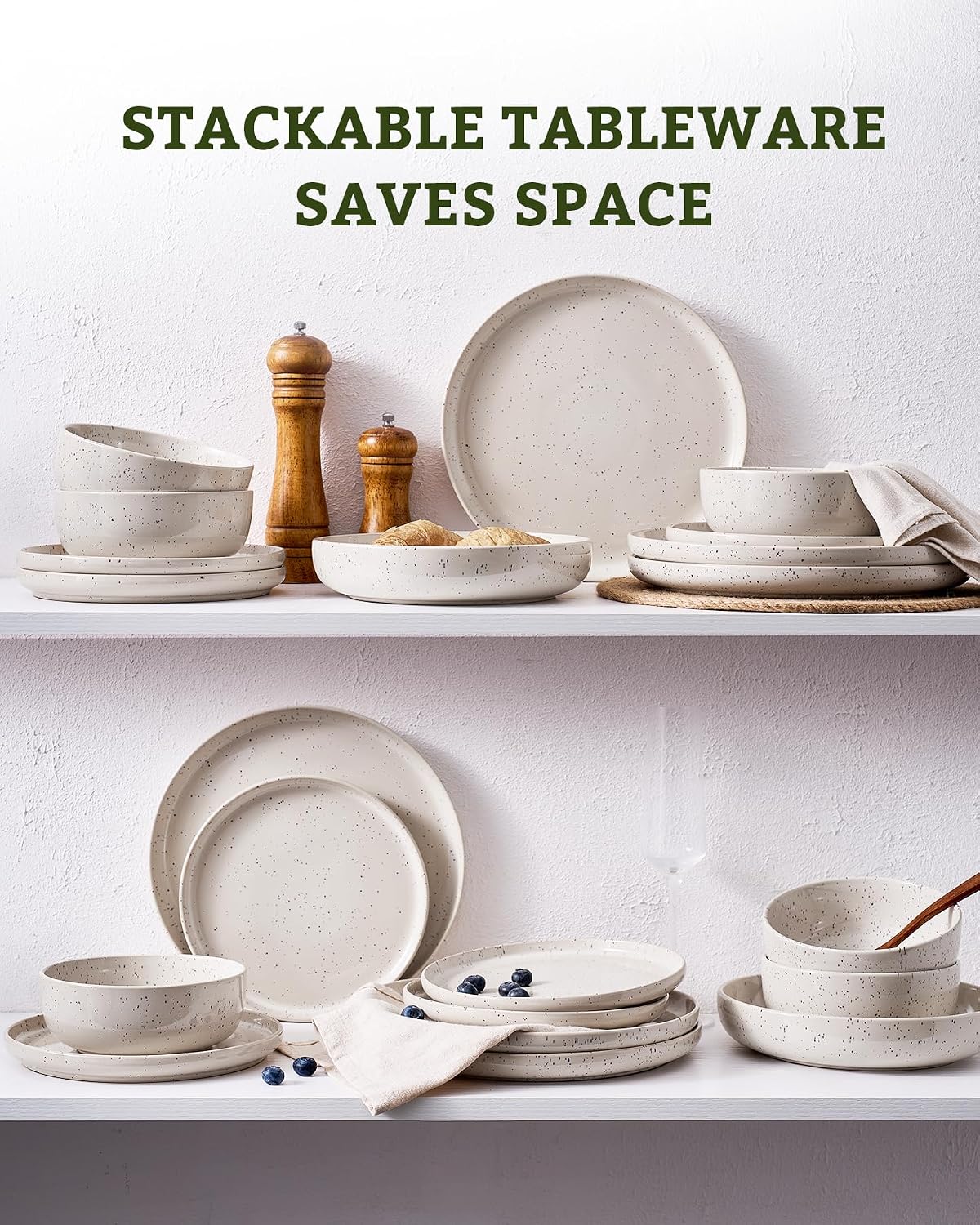 Famiware Meteor Plates and Bowls Sets, 18-Piece Stoneware Dinnerware Sets, Dishes Set for 6, Microwave and Dishwasher Safe Tableware, Creamy White