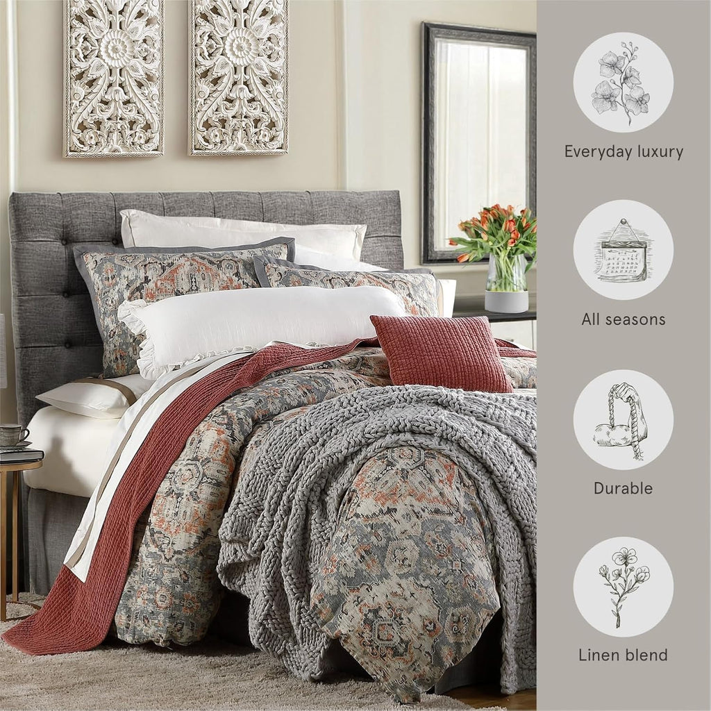 HiEnd Accents Carmen Kilim 2 Piece Comforter Set with Pillow Shams, Gray Medallion Pattern, Twin Size, Classic Traditional Modern Rustic Bedding Set, Linen Comforter with 1 Pillowcase