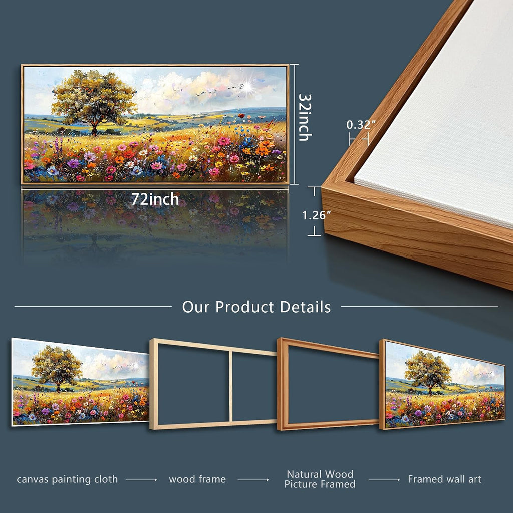 hyidecorart Large Framed Wall Art, Spring Landscape Wall Art, Nature Tree Wildflower Artwork, Colorful Scenery Rustic Painting Canvas Prints, Farmhouse Wall Decor Living Room Bedroom Picture 32x72 In