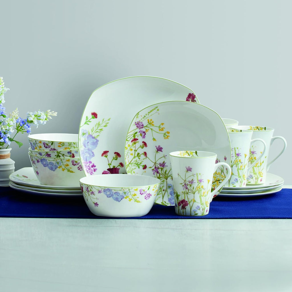 Mikasa Wildflower Garden Dinnerware Set, 16-Piece Bone China Dishes Service for 4, Square Plates and Bowls Set with Mugs, Floral Design, Dishwasher and Microwave Safe