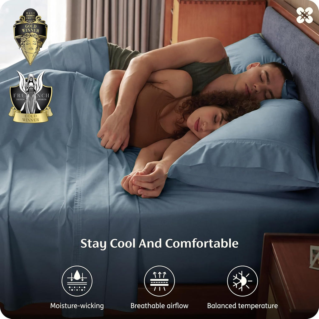 Bedsure Bamboo Viscose Cooling Sheets, Rayon Cotton Serene Blend, PureWoven, Breathable & Buttery Soft King Size Sheets Set, Deep Pocket Up to 18', Hotel Luxury Bedding for Hot Sleepers, Dusty Blue
