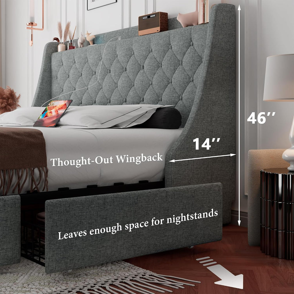 iPormis Full Size Bed Frame with 4 Storage Drawers, Upholstered Platform Bed Frame with Type-C & USB Ports, Wingback Storage Headboard, Solid Wood Slats, No Box Spring Needed, Light Gray