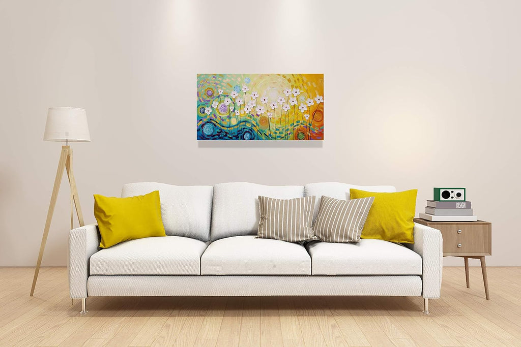 Yihui Arts Hand-Painted Textured Floral Wall Art, Vibrant Abstract Flower Canvas Painting with Thick Textures, Modern Boho Decor for Living Room Bedroom, Colorful Blooming Daisy Artwork