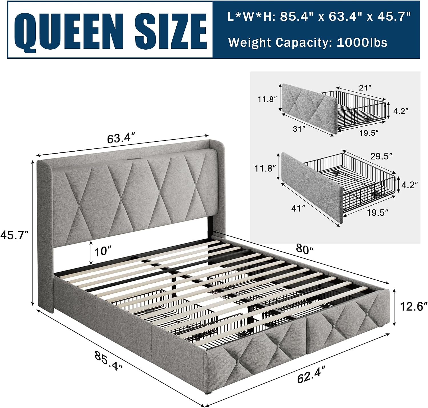 GalnFu Queen Bed Frame with 4 Storage Drawers, Upholstered Platform Bed with Charging Station, Modern Wingback Storage Headboard, Easy Assembly,Noise-Free, Light Gray