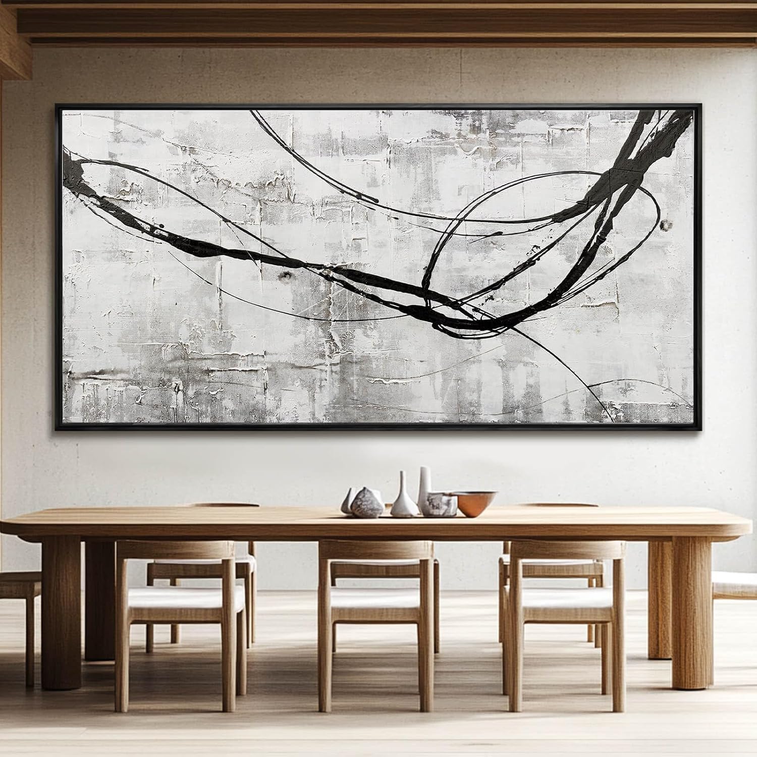 XIANSHOU Black Line Canvas Pictures Gray Decorative Painting 29'x58' Wood Wall Art Modern Art Prints Abstract Wall Art for Living Room Wall Pictures for Bedroom
