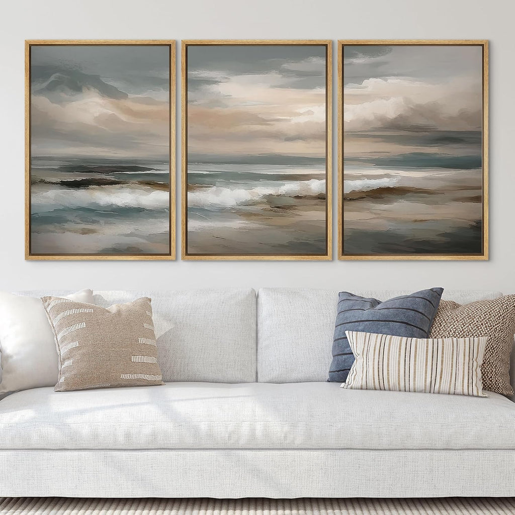 SIGNLEADER Framed Canvas Print Wall Art Set Soft Neutral Coastal Waves Muted Teal and Beige Ocean Illustrations Minimal Decorative Bohemian Nordic for Living Room, Bedroom, Office - 24'x36'x3 NATURAL