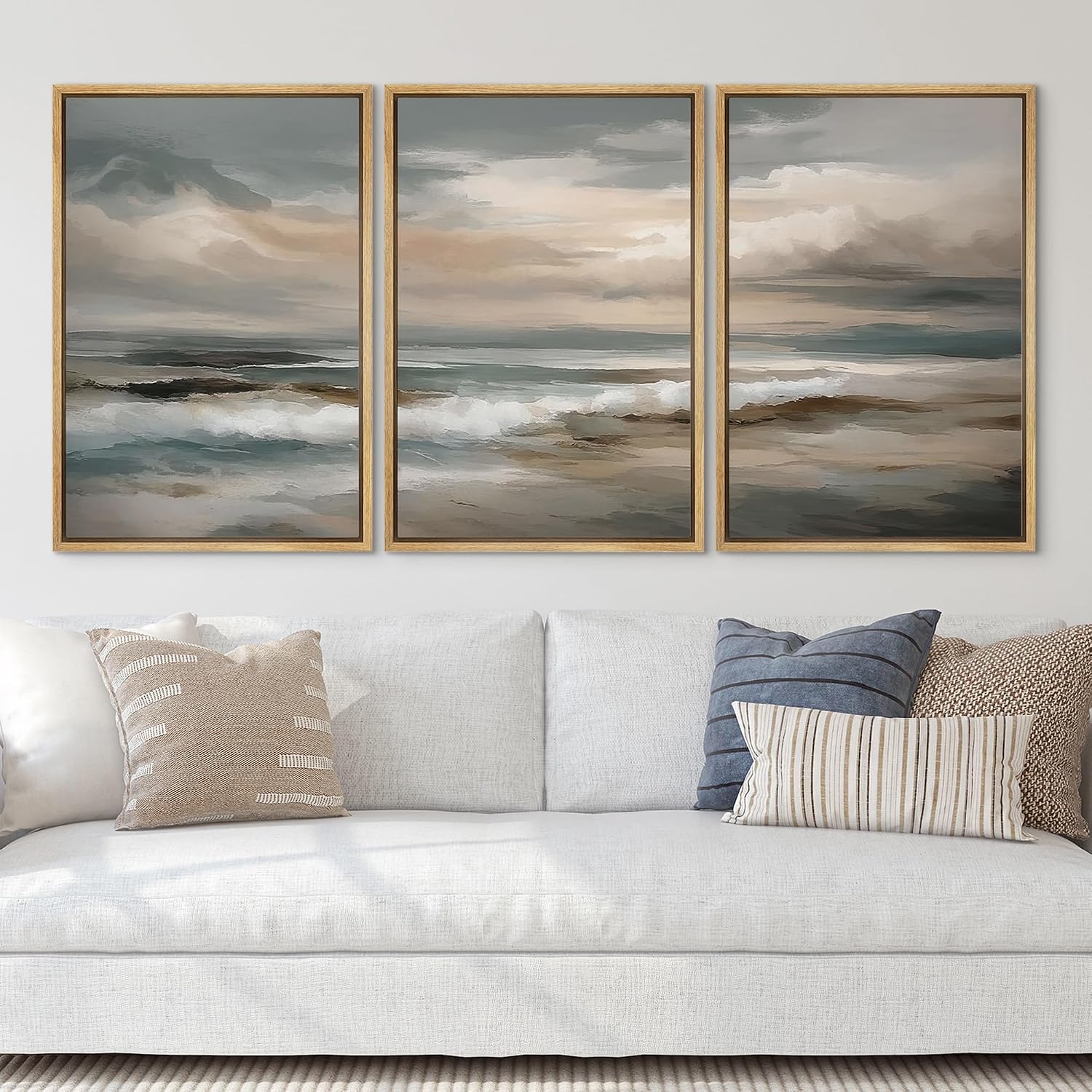 SIGNLEADER Framed Canvas Print Wall Art Set Soft Neutral Coastal Waves Muted Teal and Beige Ocean Illustrations Minimal Decorative Bohemian Nordic for Living Room, Bedroom, Office - 24'x36'x3 NATURAL