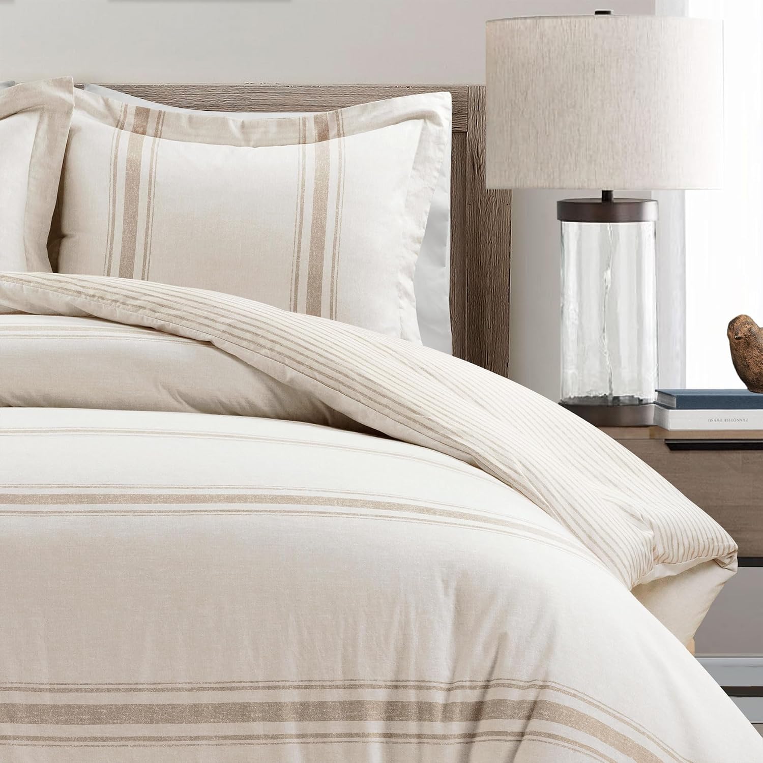 Lush Decor Farmhouse Stripe Reversible Cotton Duvet Cover King Size 3 Piece Set Neutral - Farmhouse Bedding Set King - Striped Duvet Cover