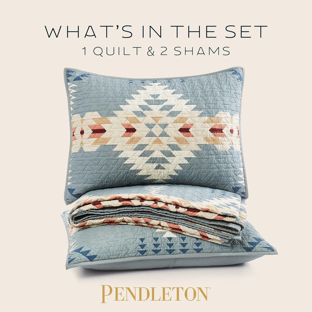 Pendleton Full/Queen Quilt Set – 100% Cotton 3 Piece Quilt Set with Shams, Soft Lightweight Bedding for Queen Size Bed, Light Blue Patterned Comforter Alternative, Queen Bedding Set (Rancho Arroyo)