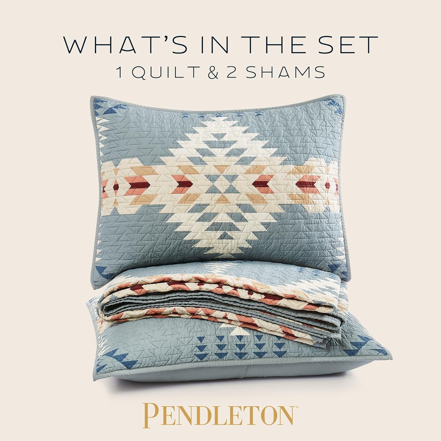 Pendleton Full/Queen Quilt Set – 100% Cotton 3 Piece Quilt Set with Shams, Soft Lightweight Bedding for Queen Size Bed, Light Blue Patterned Comforter Alternative, Queen Bedding Set (Rancho Arroyo)