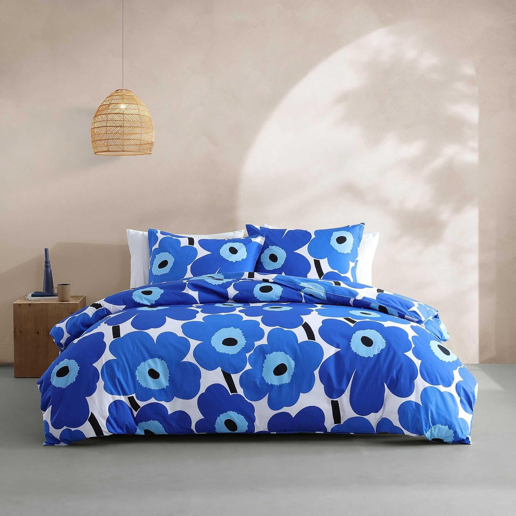 Marimekko - Full/Queen Duvet Cover Set, Cotton Percale Reversible Bedding with Matching Shams, Floral Home Decor (Unikko Blue, Full/Queen)