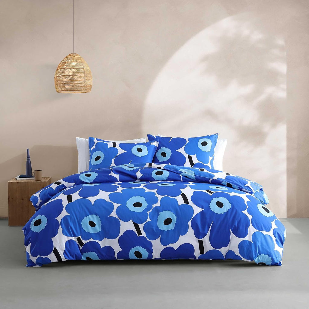 Marimekko - King Duvet Cover Set, Cotton Percale Reversible Bedding with Matching Shams, Floral Home Decor (Unikko Blue, King)