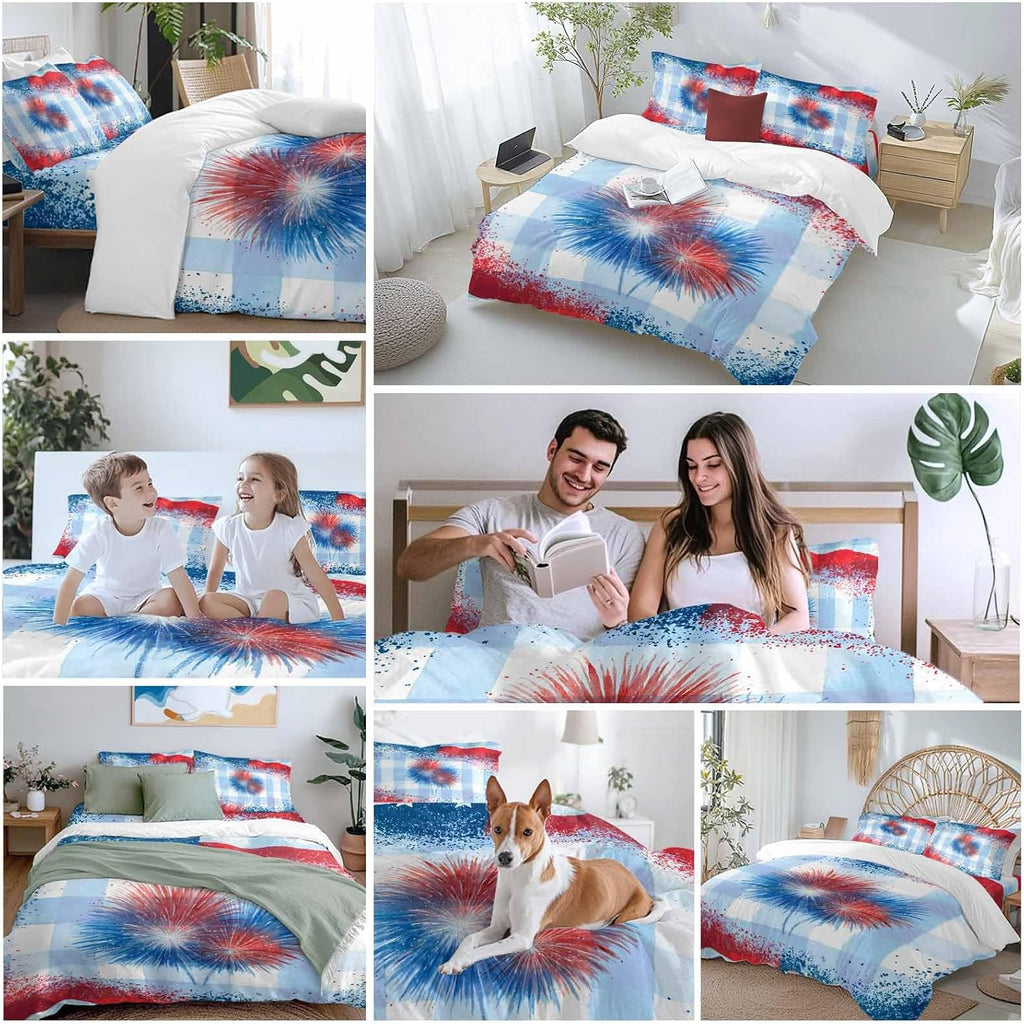 Independence Day Firework Duvet Cover Set Queen Size 4 Pieces 4th of July American Flag Blue Plaid Bedding Set with Zipper Closure, 1 Comforter Cover 86x86 Inches 1 Flat Sheet & 2 Pillow Cases