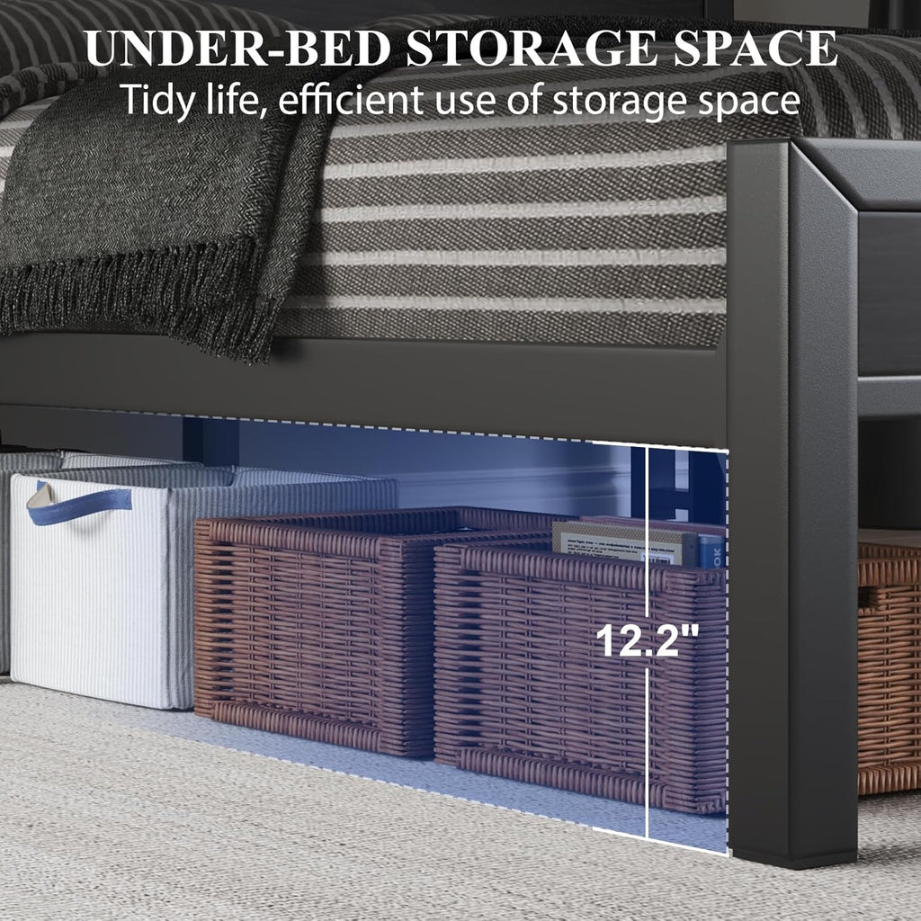 LOEWAY King Size Bed Frame with Storage Headboard, Industrial Platform Bed with Charging Station and LED Lights, Heavy Duty Metal Slats, No Box Spring Need, Noise Free, Black
