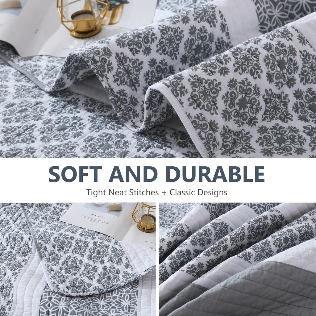 King Size Quilt Set - King Quilted Bedspread Sets, 100% Cotton Quilt, King Bed Spread Bedding Set, 3 Pieces Floral Striped Reversible Lightweight Comforter, Bluish Grey