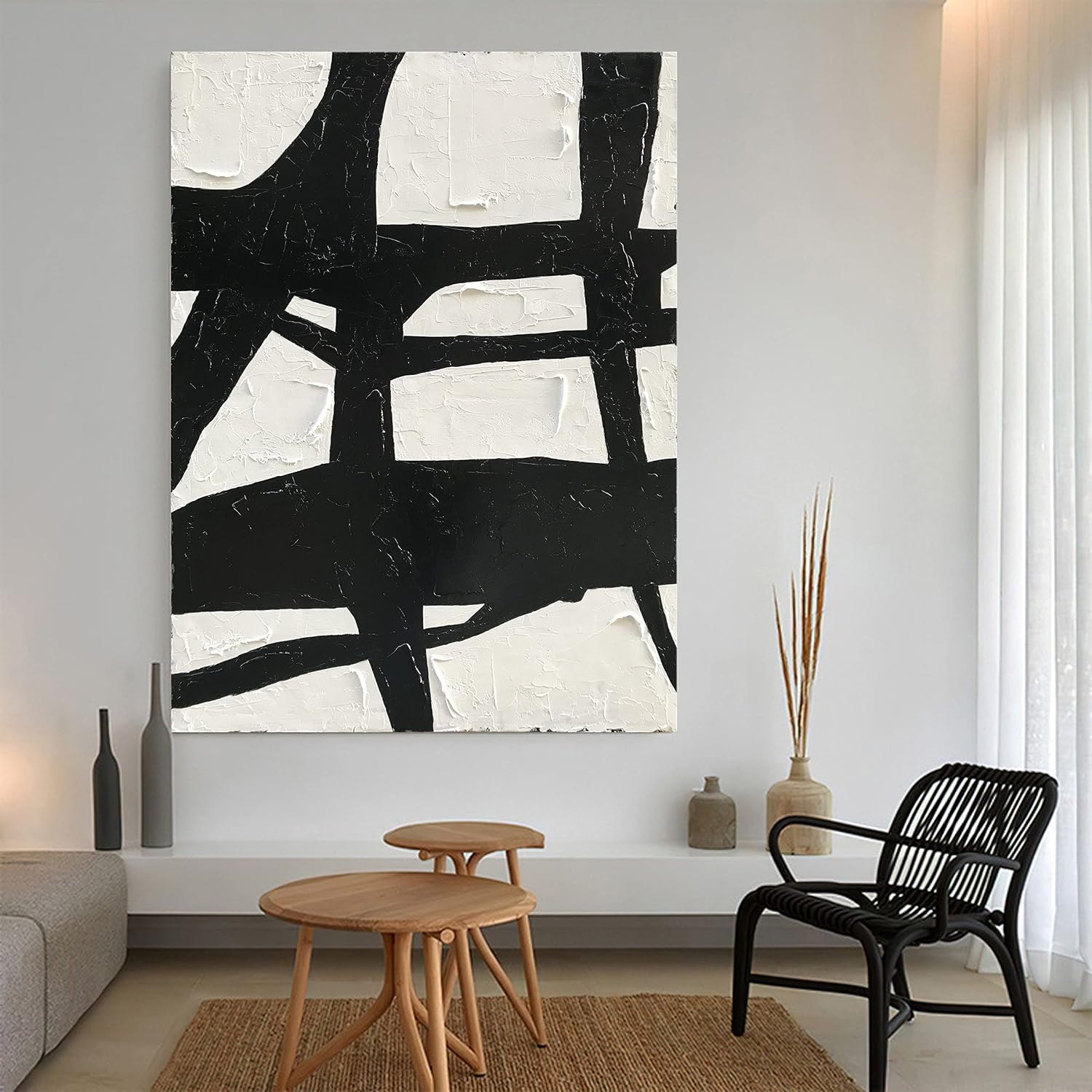 NANKAI Art Hand Painted Large Black and White Abstract contemporary minimalist oil painting work It is suitable for decorating the interior office walls and its size is 48x36 inches