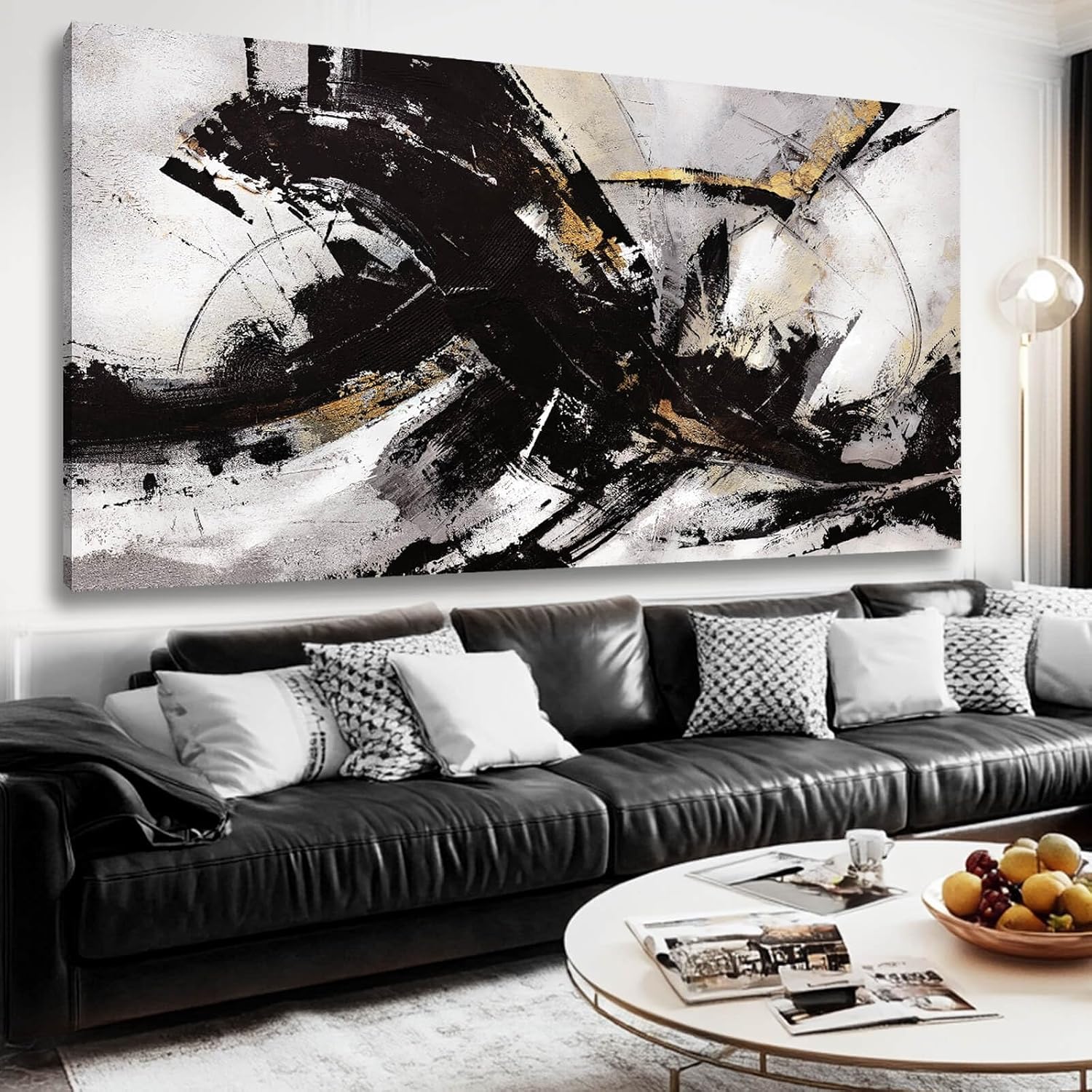 Abstract Wall Art for Living Room Canvas Wall Decor Large Artwork Black And Gold Wall Decorations Black Pictures for Wall 29'x58'