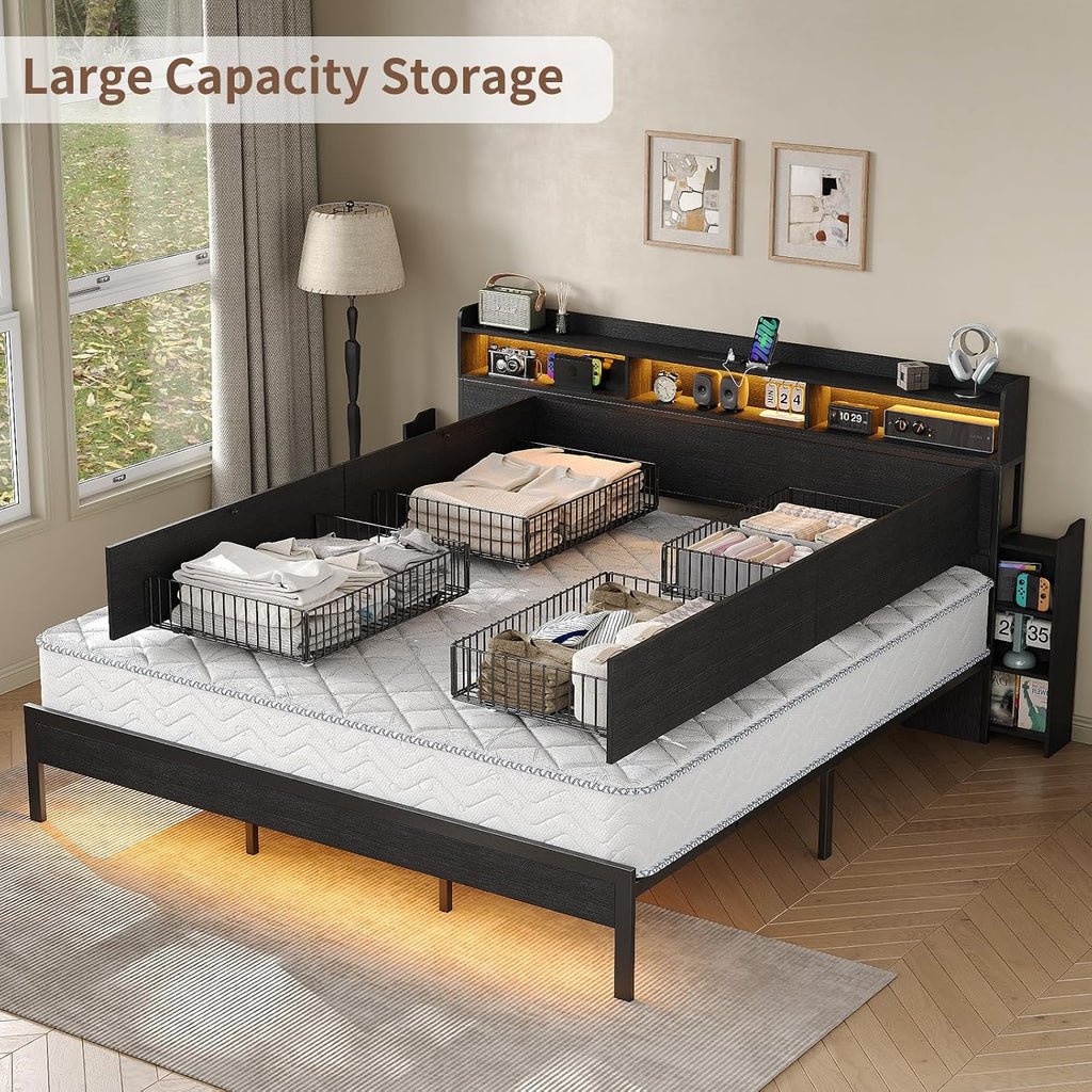 King Size Bed Frame with 4 Storage Drawers & 2 Hidden Nightstands, Platform Bed with RGB LED Lights & USB Charging Station, No Box Spring Needed, Noise-Free, Black