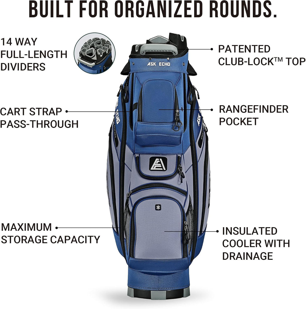 ASK ECHO T-Lock Golf Cart Bag with 14 Way Organizer Divider Top, Premium Cart Bag with Handles and Rain Cover, for Men