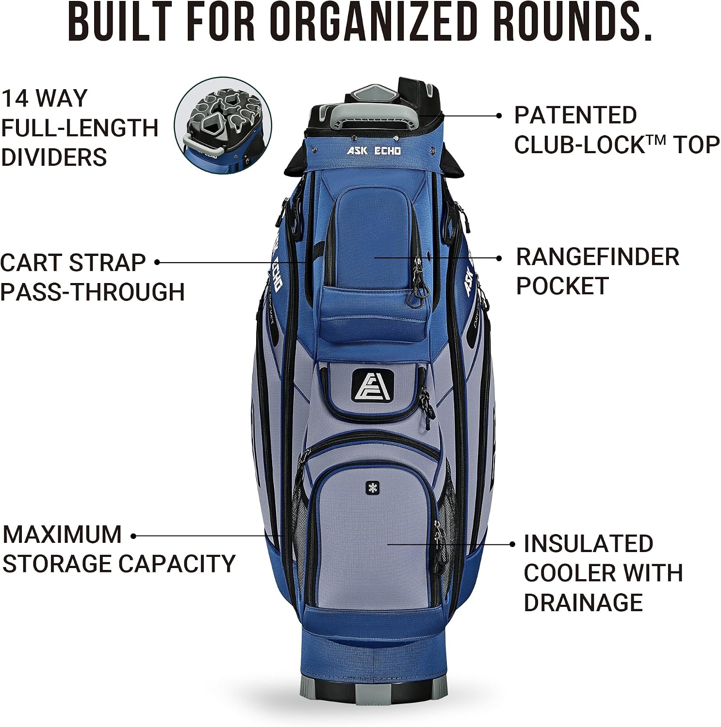 ASK ECHO T-Lock Golf Cart Bag with 14 Way Organizer Divider Top, Premium Cart Bag with Handles and Rain Cover, for Men