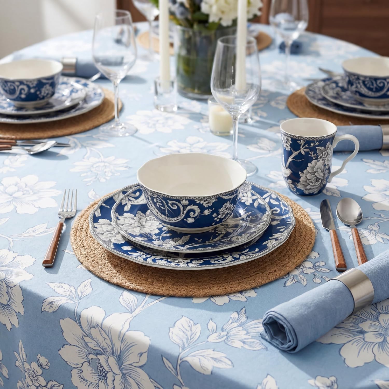 222 Fifth Adelaide 16-Piece Dark Blue Porcelain Dinnerware Set – Service for 4, Plate, Bowl & Mug Set, Bird & Floral Design, Everyday Big Dinner Plates and Bowls Sets, Microwave & Dishwasher Safe