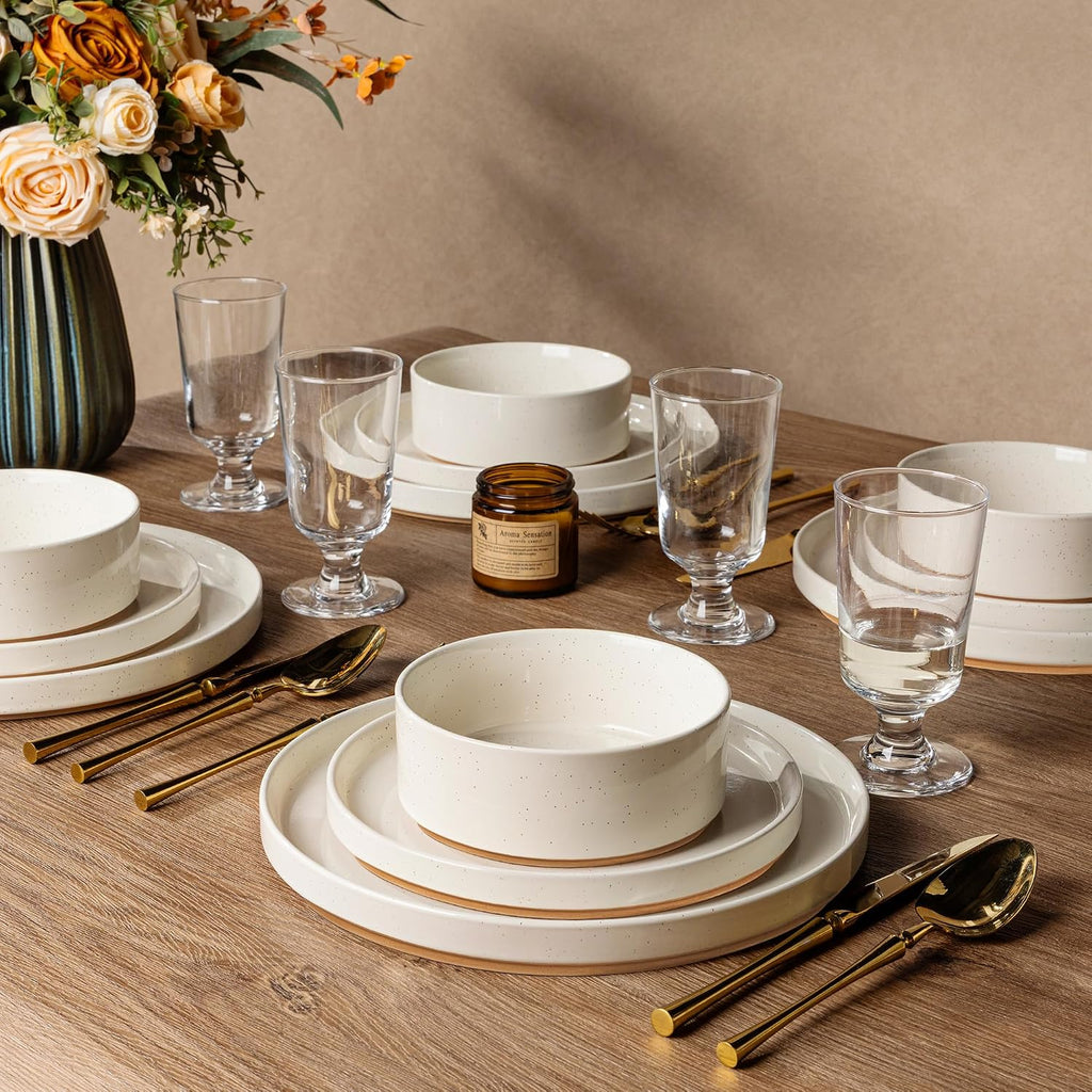 AmorArc Ceramic Dinnerware Set for 8 | Speckled Stoneware Plates and Bowls with Rustic Terracotta Underside| Scratch Resistant,Dishwasher & Microwave Safe Dishes Sets- 24pcs