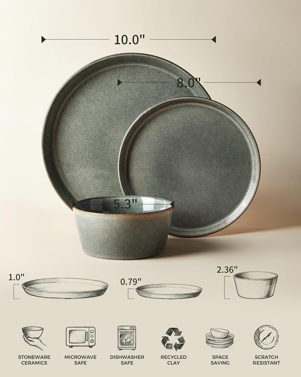Pokini Dinnerware Sets, Microwave Safe Plates and Bowls Sets, Dishes Set for 8, Chip & Scratch Resistant Dinner Set, Handcrafted Farmhouse Dishware Sets, Green Wheat