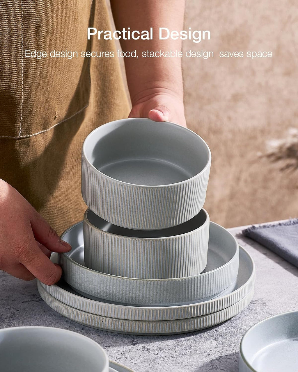 Famiware Star 24-Piece Reactive Glaze Plates and Bowls Sets, Service for 8 - Stoneware Dinnerware Set, High Edge Ribbed Dishes, Chip & Scratch Resistant, Microwave & Dishwasher Safe, Matte Gray