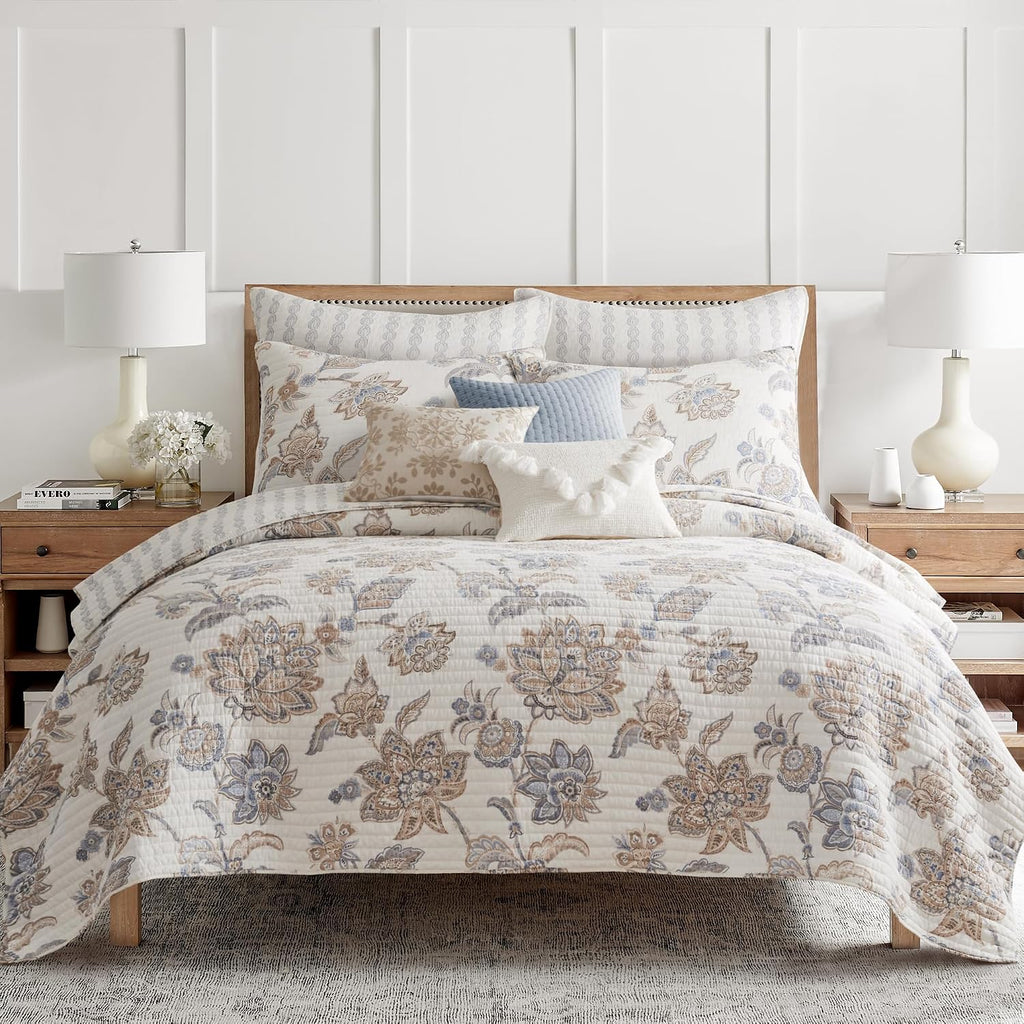 Levtex Home - Selesta Blue Quilt Set - Twin Quilt and One Standard Sham - Floral - Blue Taupe Grey - Quilt (68x86in.) and Sham (20x26in.) - Reversible - Cotton