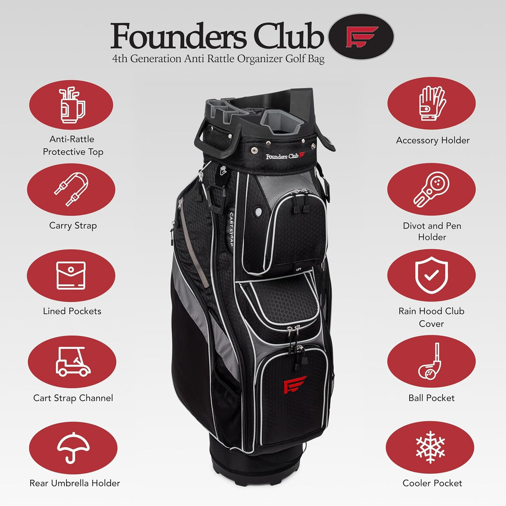 Founders Club 4th Generation Club Lock Organizer Golf Cart Bag for Men with 14 Way Anti Rattle Divider Top- Free Snap On Rain Hood-Full Length Dividers