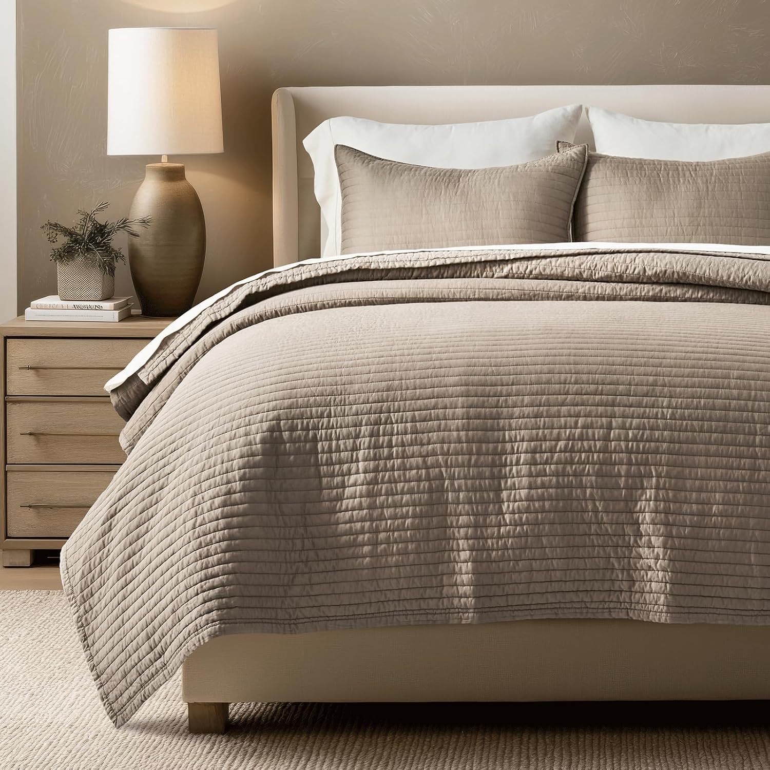 EVERGRACEHOME Cotton Sateen Quilt Set King Size, Pre-Washed Cotton Channel Stitch Coverlet Bedspread, 3 Pieces Lightweight Soft Bedding Sets for All Season, with 2 Pillow Shams, Stone Taupe