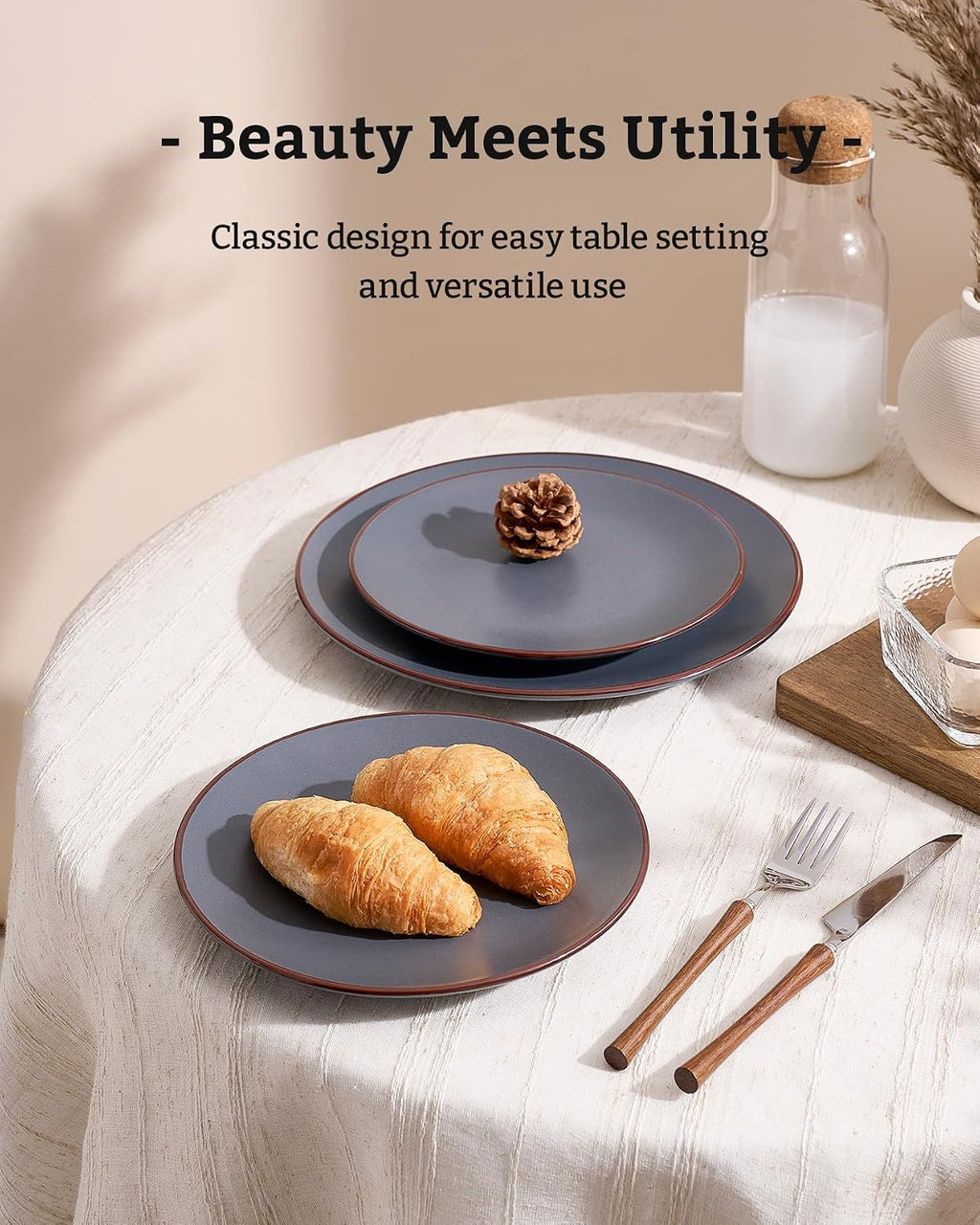 Famiware Venus Plates and Bowls Sets with Trim, 24 Pieces Speckled Stoneware Dinnerware Set for 8, Matte Charcoal - Microwave & Dishwasher Safe, Modern Minimalist, Dishes for Everyday & Formal Dining
