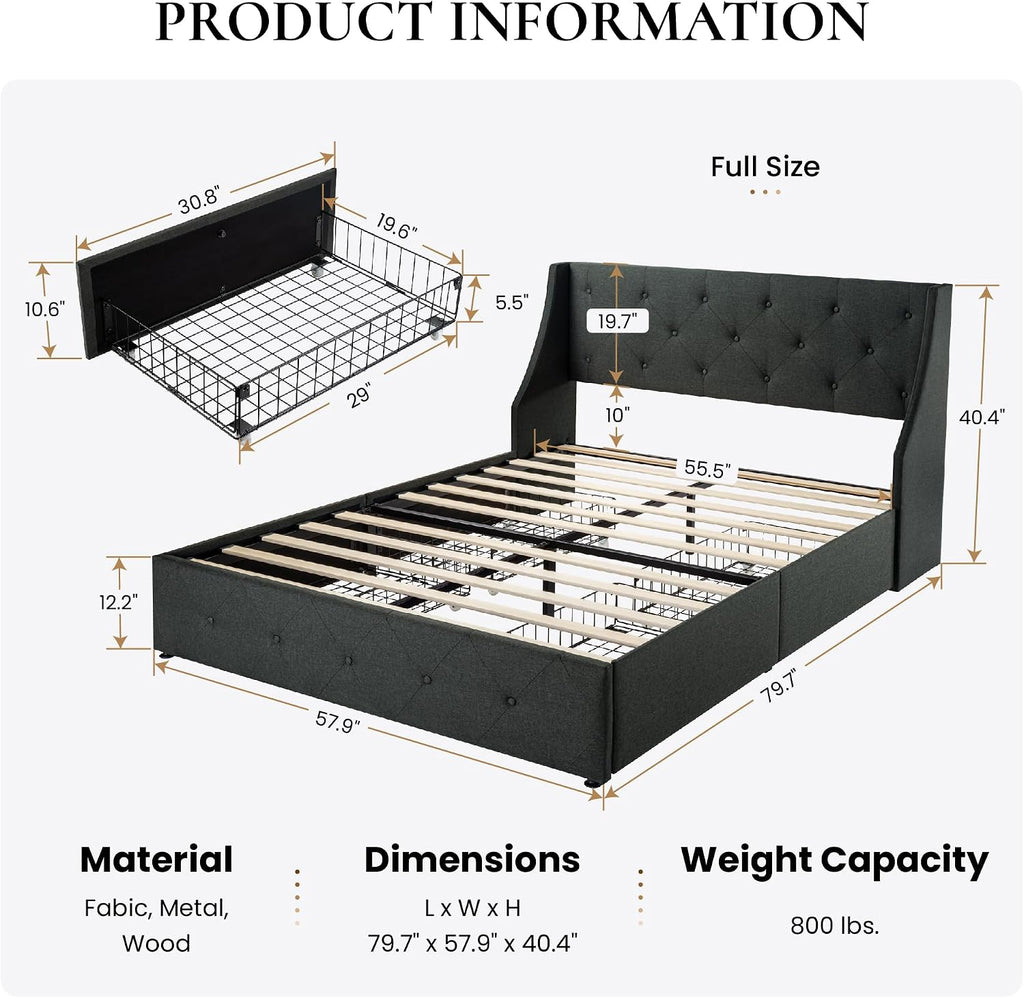 SHA CERLIN Upholstered Full Size Platform Bed Frame with 4 Storage Drawers and Wingback Headboard, Diamond Stitched Button Tufted Design, No Box Spring Needed, Dark Grey
