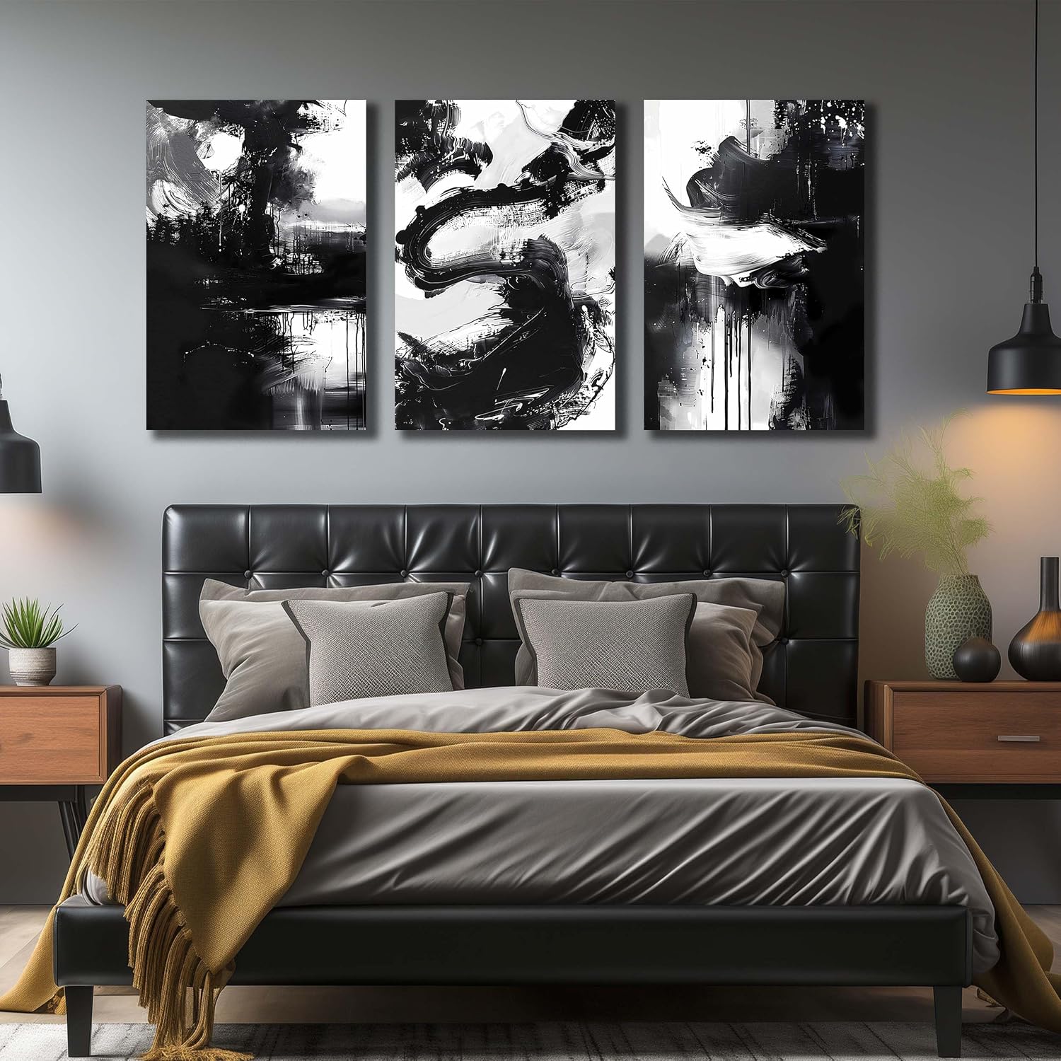 DNIEOTU Abstract Canvas Wall Art for Living Room, Black and White Wall-Decor for Bedroom, Modern Ink - Style Paintings for Hallway Office, Size 24 x 36 Inches 3-Piece