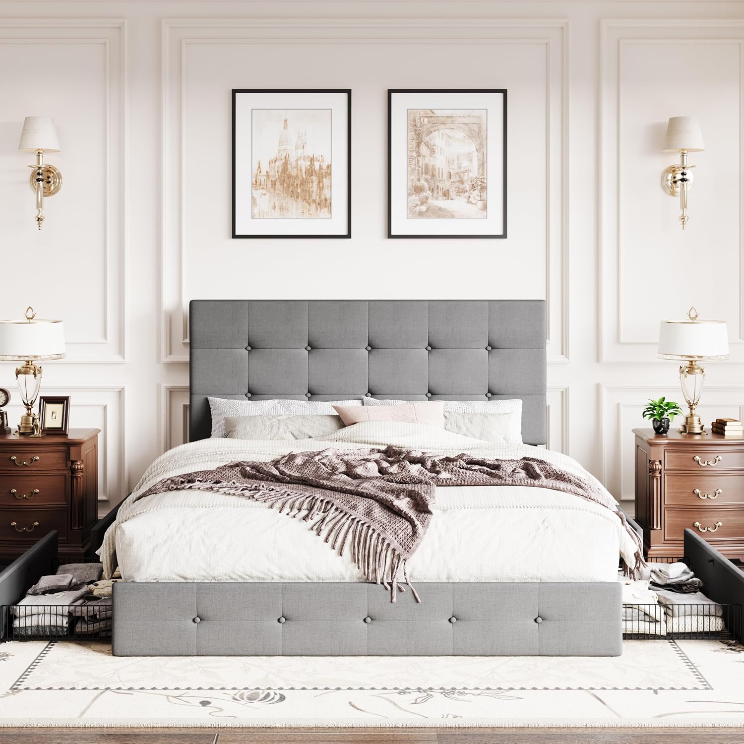 SHA CERLIN Upholstered Full Size Platform Bed Frame with 4 Storage Drawers, Adjustable Headboard with Square Stitched Button Tufted Design, Wooden Slat Support, No Box Spring Needed, Light Grey