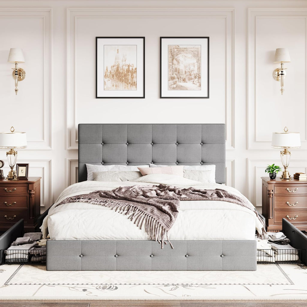 SHA CERLIN Upholstered Queen Size Platform Bed Frame with 4 Storage Drawers, Adjustable Headboard with Square Stitched Button Tufted Design, Wooden Slat Support, No Box Spring Needed, Light Grey
